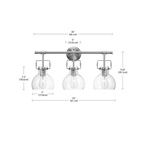 All In One Bathroom Vanity Set With A 3 Light Fixture in brushed nickel with clear glass, shown with dimensions.
