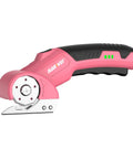 Nanwei Cordless Electric Scissors With Four Point Two Volt Motor And Type-C Charging, pink handle, ideal for cutting cardboard and leather.