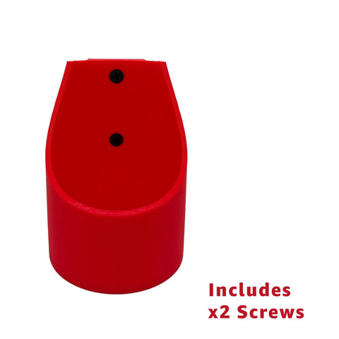 Red wall mounted fire spray can holder compatible with EZ Fire Spray, includes 2 screws, space saving wall mount bracket