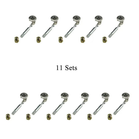 Heavy Duty Furniture Cam Lock Connectors With Flat Back Dowel Pins Knock Down Hardware Kit For Drawers Cabinets And Dressers Built Badass For Any Room Rock Solid Grip In 11 Sets displayed together.