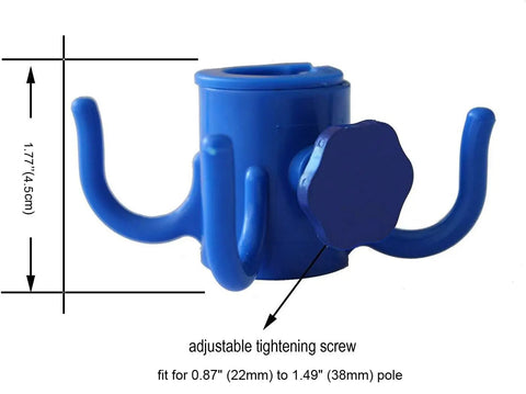 Blue adjustable 4 Prong Beach Umbrella Hook Hanging Organizer with tightening screw, fits 0.87 to 1.49-inch pole