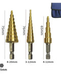 3 Piece Pagoda HSS Titanium Plated Step Drill Bit Set For Metal And Wood Aluminum Stainless Steel Plastic Reaming Cone Bits With Six Point Three Five Millimeter Hex Shank Dope Heavy Duty Tool Kit With Storage Case