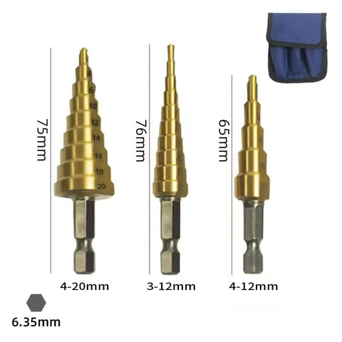 3 Piece Pagoda HSS Titanium Plated Step Drill Bit Set For Metal And Wood Aluminum Stainless Steel Plastic Reaming Cone Bits With Six Point Three Five Millimeter Hex Shank Dope Heavy Duty Tool Kit With Storage Case