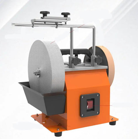 Workhorse Dual Wheel Bench Grinder Designed For Wet Sharpening And Sleek Polishing Runs On Low Speed, featuring dual wheels and safety switch.