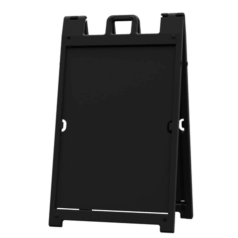 Signicade Deluxe A Frame Double Sided Folding Sidewalk Sign With Quick Change System shown folded with black frame and handle.