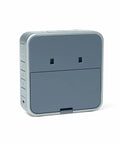 Side view of blue-grey Wireless Doorbell 9 Series with push button showing controls for volume and mute. 5-year battery life.
