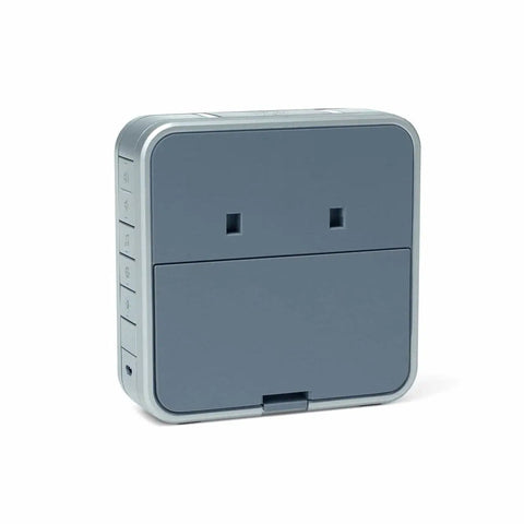 Side view of blue-grey Wireless Doorbell 9 Series with push button showing controls for volume and mute. 5-year battery life.