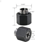 Two Piece Pro Grade Router Collet Kit With One Quarter Inch And One Half Inch Collets Fits DeWalt Bosch Hitachi Big Horn And RC Router Models For Quick Bit Changes And Precise Cuts RC050DW RC025DW, shown with dimensions