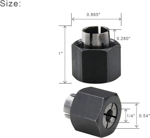 Two Piece Pro Grade Router Collet Kit With One Quarter Inch And One Half Inch Collets Fits DeWalt Bosch Hitachi Big Horn And RC Router Models For Quick Bit Changes And Precise Cuts RC050DW RC025DW, shown with dimensions