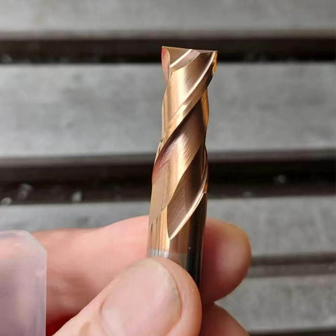 Close-up of TiSiN-coated carbide end mill bit, 2-flute, square-nose