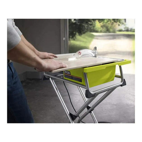 Badass 7 Inch Portable Wet Tile Saw With Tough Stainless Steel Table And Smooth Miter Guide For Quick Ceramic Cutting Certified Refurbished Rig with hands on the surface.