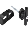 Durable Shed Door Hardware Kit With 6-Inch T-Hinges, T-Handle Lock, Latches And Barrel Bolts, black T-handle lock close-up