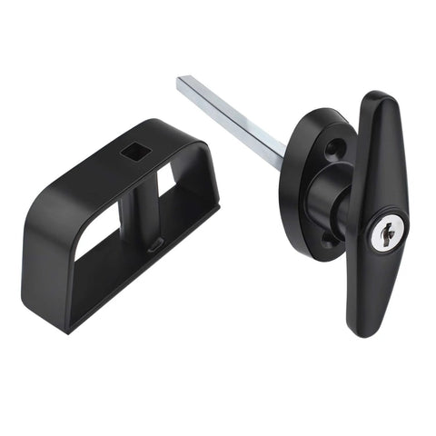 Durable Shed Door Hardware Kit With 6-Inch T-Hinges, T-Handle Lock, Latches And Barrel Bolts, black T-handle lock close-up
