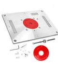 Compact Heavy Duty Aluminum Router Table Insert Plate With Quick Flip Guide System For Dead On Accurate Woodworking Trimming And Killer Precision Routing Projects, showing aluminum plate, red ring, and mounting hardware.