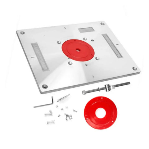 Compact Heavy Duty Aluminum Router Table Insert Plate With Quick Flip Guide System For Dead On Accurate Woodworking Trimming And Killer Precision Routing Projects, showing aluminum plate, red ring, and mounting hardware.