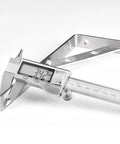 Rock Solid Stainless Steel L Brackets For Shelves Built Tough Corner Supports Rust Proof Mounting Hardware For Wall Mount Storage Heavy Duty Pack Of Two Silver with digital caliper measuring dimensions.