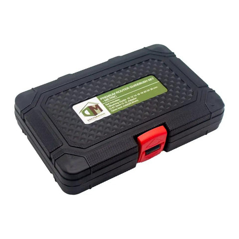 Premium 11 Pc Metric Router Guide Bushing Set Solid Brass Template Bushings storage case, durable black with red latch.