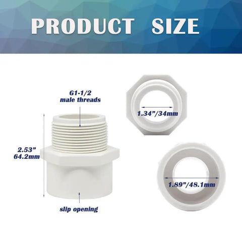 Size details of Two Pack One And One Half Inch Male Thread PVC Fittings Two Way PVC Pipe Coupling Adapters Schedule Forty White
