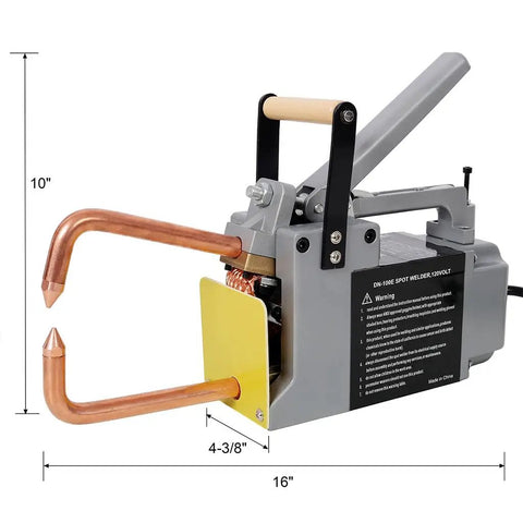 Portable Spot Welder Gun For Iron Up To One Eighth Inch 110V, handheld steel sheet welder with copper tips, side view with measurements.