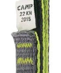 Sling Stop KS Dogbone 18cm Climbing Accessory With Karstop Evo Carabiner Retainer shown vertically with grey and green design.