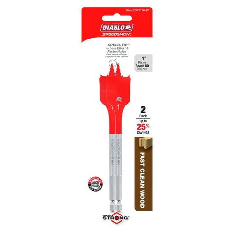 Two Pack Built Like A Tank Wood Spade Drill Bits Featuring Self Feeding Speed Tips And One Quarter Inch Hex Shank, 1 inch size, red steel body for fast clean holes.