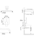 Technical drawing of Dope Matte Black Shower Faucet Set With Tub Spout And Luxury Rain Mixer System Wall Mounted Rainfall Shower Kit