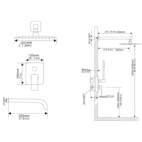 Technical drawing of Dope Matte Black Shower Faucet Set With Tub Spout And Luxury Rain Mixer System Wall Mounted Rainfall Shower Kit