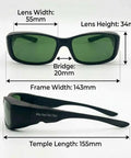 Next Gen Red Light Therapy Glasses Extra Dark Ir5 Lenses Shield Peepers dimensions 55mm lens width and 143mm frame width.