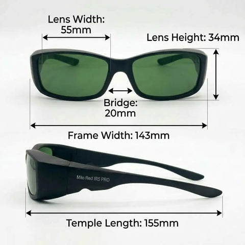 Next Gen Red Light Therapy Glasses Extra Dark Ir5 Lenses Shield Peepers dimensions 55mm lens width and 143mm frame width.