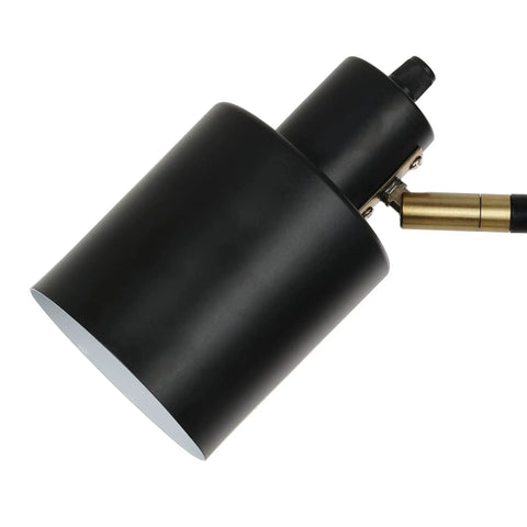 Close-up of head on 66 Inch Three Head Floor Lamp With Adjustable Heads In Satin Black Finish And Brass Accents