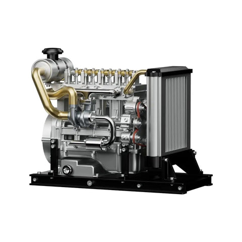 Hands On 1/10 Scale Metal OHV Inline Four Engine Model Kit With Cooling System For Mechanical Engineering Education, 300+ Piece Educational Science Experiment Kit That Actually Works. Side view with radiator