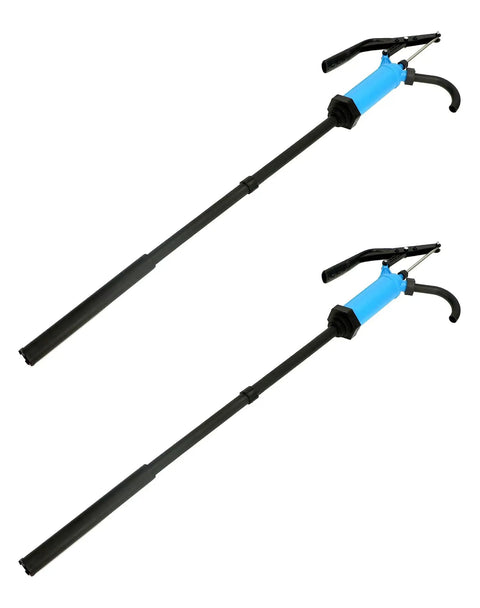Heavy Duty Hand Siphon Pump 2 Pack For Transferring Thick Liquids Like Motor Oil Without The Sweat Boasts A Slick Quick Fit And Works Right Outta The Box On 5 To 55 Gallon Drums Naturally with blue body and black handle.