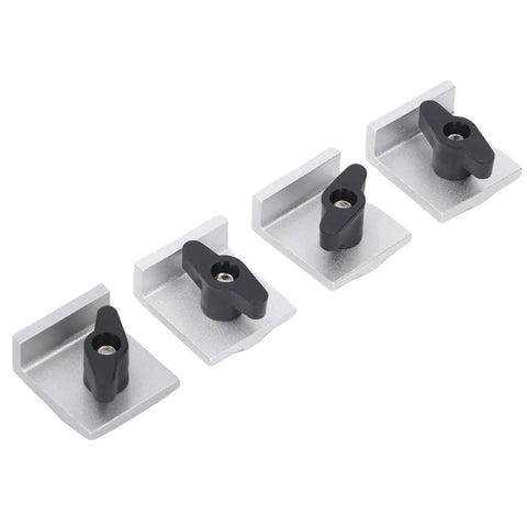 Bidirectional T Track Stop Block 4 Pack Pro Grade Aluminum Alloy With Silver Anodized Finish Low Profile Design For T Track Woodworking Jigs Fixtures And Clamping Setup - four stop blocks in silver with black knobs