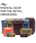 Variety of colorful travel bags and pouches with text 'Radical Gear for the Detail Obsessed' displayed in background.