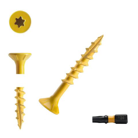 Built Like A Tank Size 8 By 1 1/4 Inch Tan Deck Screws Packing Heavy Duty Epoxy Finish For Serious Rust Blocking Plus T25 Torx Bits.