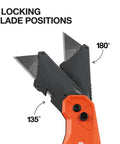 Klein Tools Flickblade 2-in-1 folding utility knife with scraper, orange handle, built-in blade storage, dual lock positions