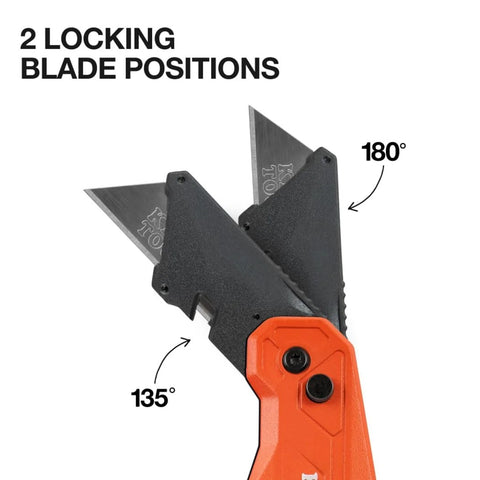 Klein Tools Flickblade 2-in-1 folding utility knife with scraper, orange handle, built-in blade storage, dual lock positions