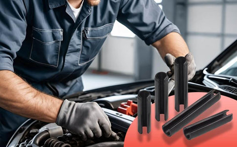 Mechanic using 390 Piece Roll Pin Set Including 13 Sizes Black Slotted Spring Pins And Expansion Cylindrical Pins Assortment with car engine
