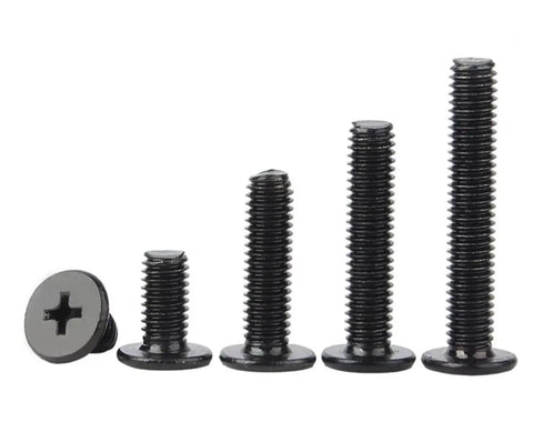 Rock Solid M2.5 X 6mm Cross Recess Wafer Head Machine Screws With A Slick Black Plated Finish, assorted sizes in a row.