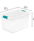 Super Tight Fit 64 Quart Clear Plastic Storage Bins 72 Pack With Snappy Hinged Lids showing dimensions and clear design for home organization.