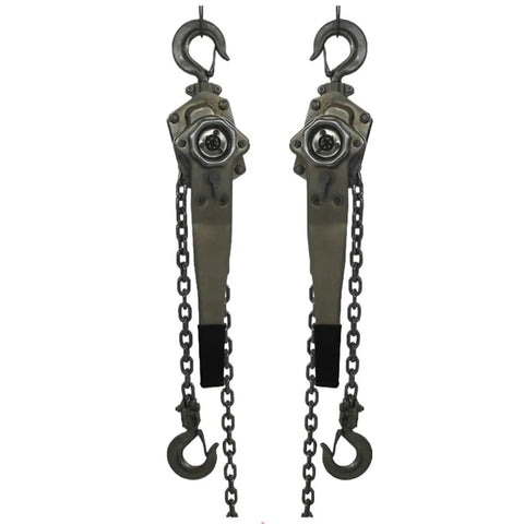 Rock Solid Manual Lever Chain Hoist Crafted From Stainless Steel 304 With Rust Resistant Shield For Hardcore Warehouse And Workshop Rigging Tasks At 0.75 Ton Capacity Over Three Meters, showing dual hooks and chains.