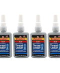 Four bottles of Blue Medium Strength Threadlocker For Metal Fasteners, 1.69 Oz Bottle, Removable With Hand Tools shown side by side.