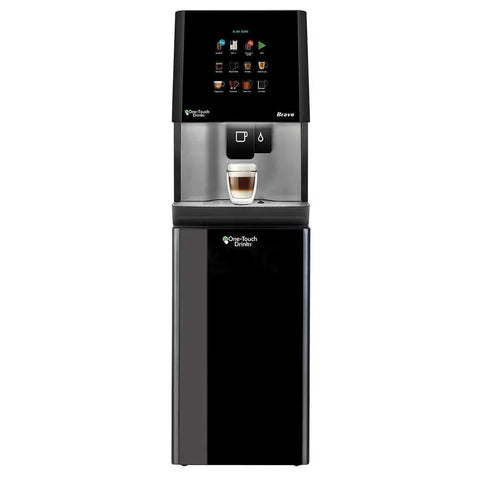Touchless Beverage Dispenser For Espresso Tea And Hot Chocolate With Bean To Cup Brewing, features a sleek design and a backlit screen.