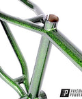 Front view of a bicycle frame powder-coated in green glitter by Prismatic Powders.