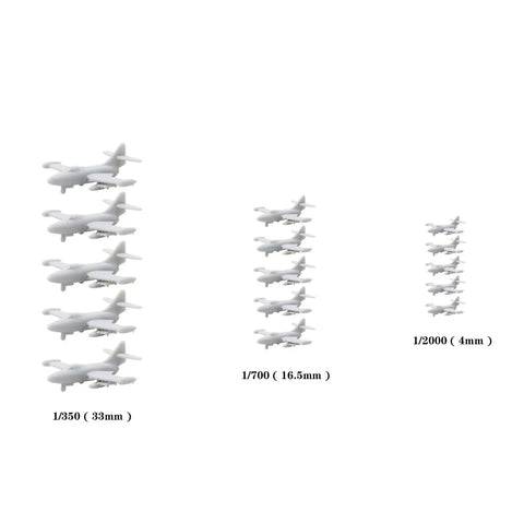 Five Pack F9F Fighter Aircraft Resin Models for Dioramas and Collectibles showing scale differences in 1/350, 1/700, and 1/2000