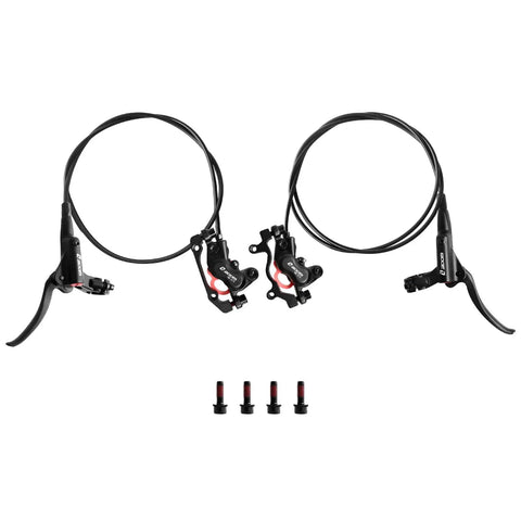 4-Piston Hydraulic Disc Brake Set For MTB And E-Bike, Trail-Ready Performance With Pre-Bled Calipers, Left Front 850mm Hose And Right Rear 1450mm Hose, Includes Levers, Pads, Hardware, And Mount Kit displayed on white background.