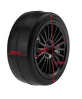 On Road 1/10 RC Car Tire Kit with 26mm rubber tyres and 12mm hex wheel rims, shown with dimensions for drift ready 4WD