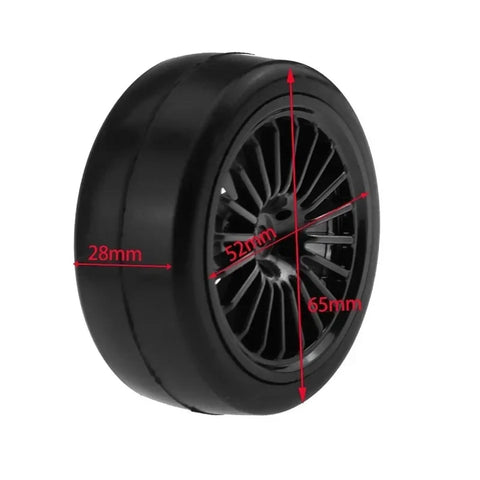 On Road 1/10 RC Car Tire Kit with 26mm rubber tyres and 12mm hex wheel rims, shown with dimensions for drift ready 4WD