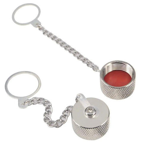 Two red nickel-plated copper caps with chain, part of Five Pack UHF And N Type Dust Cap Protective Cover With Chain For SO 239 Connector.