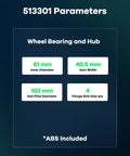 Specifications for Two Pack Front Wheel Hub And Bearing Assembly For Audi A4 Allroad A4 Quattro A5 Quattro A7 Quattro A8 Quattro RS5 RS7 S6 S7 2009 To 2016 Replacement Kit With Drop-In Fit And High Quality Wheel Bearing Module For Smooth Rolling, including dimensions and ABS included.